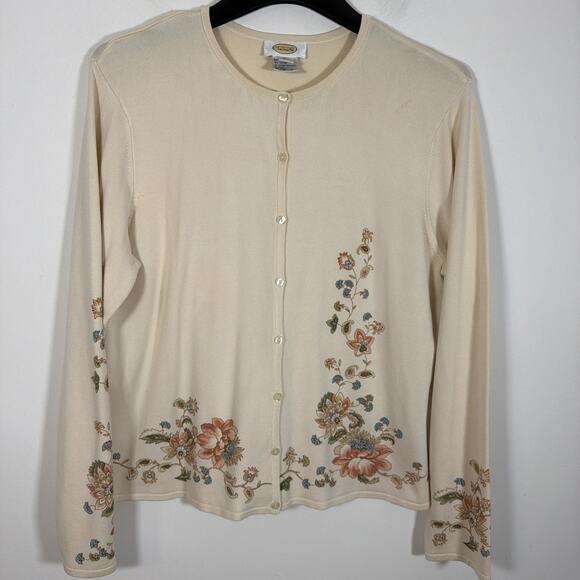 Talbots Silk Button Up Knit Cardigan Size XL Floral Cream Ivory Cottage Vintage - Picture 1 of 8